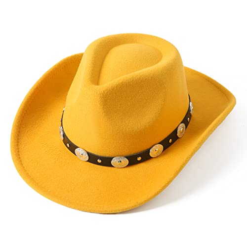 Lanzom Damen Herren Filz breite Krempe Western Cowboy Hüte Gürtel Schnalle Panama Hut, gelb, Medium von Lanzom