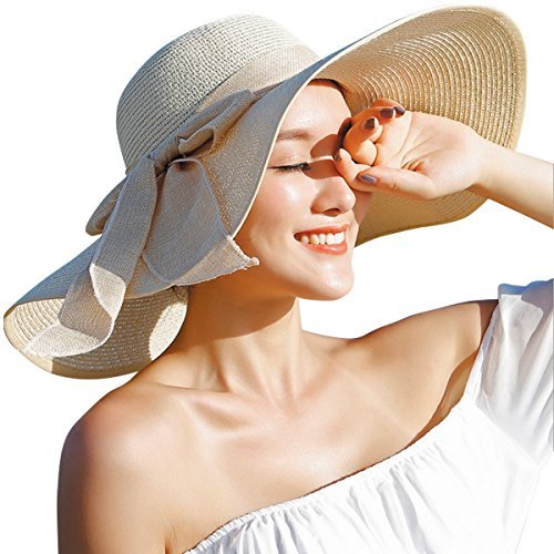 Lanzom Strohhut für Damen, große Schleife, faltbar, schlappig, aufrollbar, Strandkappe, Sonnenhut, 14 cm, LSF 50+, Beige, Einheitsgröße von Lanzom