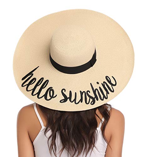 Lanzom Damen Wide Brim Strohhut Floppy Faltbare Roll Up Cap Strand Sonnenhut Upf 50+ style f-hallo sonnenschein beige einheitsgröße von Lanzom