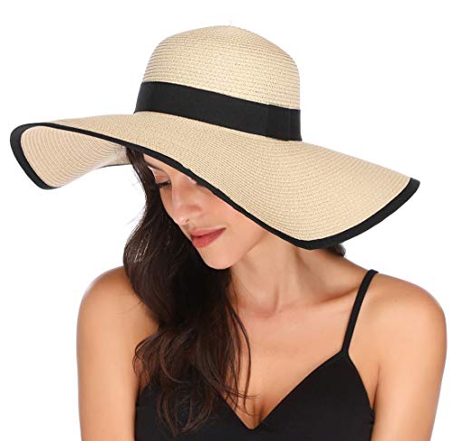 Lanzom Damen s Cap Strand Sonnenhut UPF Wide Brim Strohhut Floppy Faltbare roll up 50+ Style C-beige One Size von Lanzom