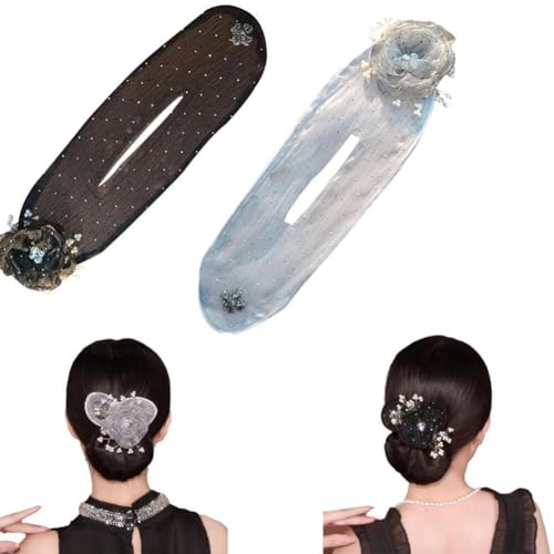 Ball Hair Clip - Lazy Hair Curler, handbestickte Blumen Deft Bun, Flower Hair Bun Roller, Fashion Sheer Fabric Rose Hair Bun Maker für Frauen Mädchen lange dicke Haare Zubehör (Color : Black+white) von LaoSShu