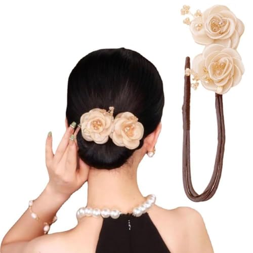 Ball Hair Clip - Lazy Hair Curler, handbestickte Blumen Deft Bun, Flower Hair Bun Roller, Fashion Sheer Fabric Rose Hair Bun Maker für Frauen Mädchen lange dicke Haare Zubehör (Color : Flower) von LaoSShu