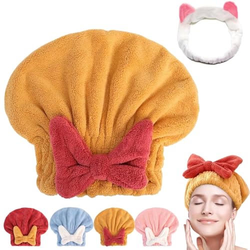 Neues supersaugfähiges Haarhandtuch for nasses Haar,Mikrofaser-Haarhandtuch, schnelltrocknendes,verdicktes,weiches Haarhandtuch mit Fliege,trockener Turban,Handtuch for nasses Haar for Frauen(Yellow) von LaoSShu