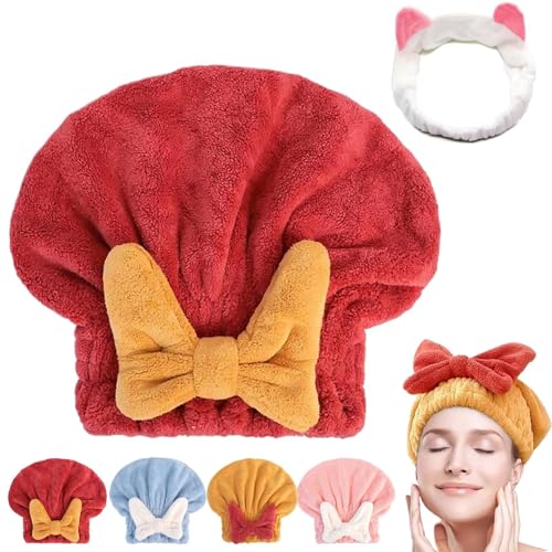 Neues supersaugfähiges Haarhandtuch for nasses Haar,Mikrofaser-Haarhandtuch, schnelltrocknendes,verdicktes,weiches Haarhandtuch mit Fliege,trockener Turban,Handtuch for nasses Haar for Frauen(Red) von LaoSShu