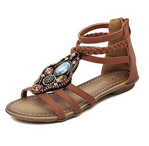 Damen Bohemia Strand Sandale Casual Peep-Toe Flache Sandalen Sommerschuhe Knöchelriemchen Sandalen Braun 40 von LaoZan
