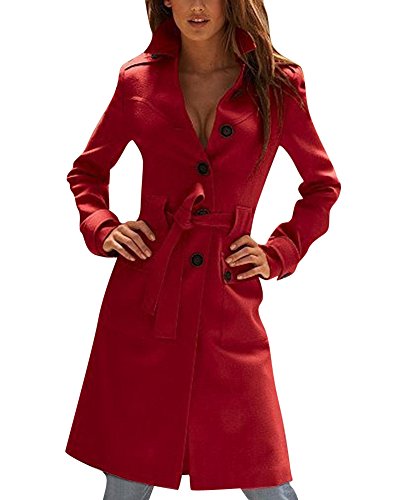 Damen Elegant Lang Langarm Dufflecoat Faux Wollmantel Outwear Parka Mäntel Jacke Wintermantel M Rot von LaoZan