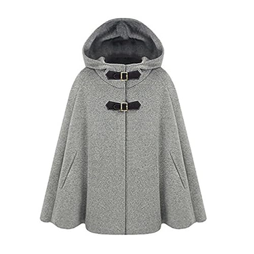 Damen Faux Wollmantel Poncho Winter Cape Peacoat mit Kapuze Mäntel Jacke L Grau von LaoZan