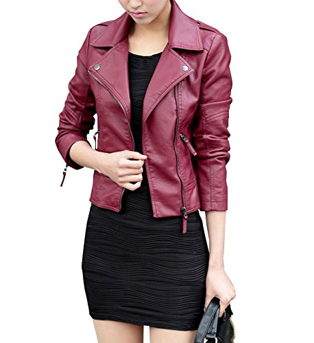 Damen Herbst Winter PU Lederjacke Bikerjacke Jacke Motorradjacke Ladies Oberbekleidung M Weinrot von LaoZan