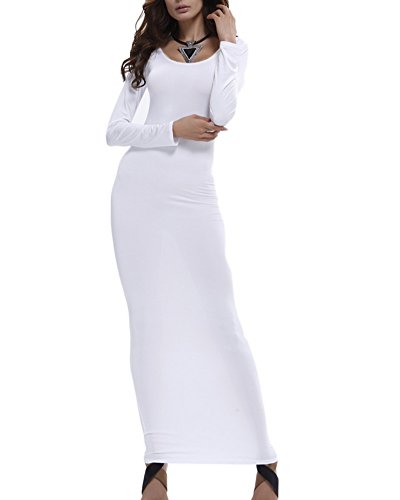 Damen Langarm Etuikleider Basic Longshirt Kleider Loose Stretch Rundhals T-Shirt Einfarbig Maxi Kleid Weiß XL von LaoZan