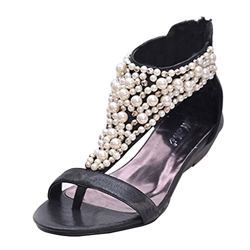 Damen Offene Sandalen mit Keilabsatz Römische Sommer Böhmen Süß Perlen Sandalen Clip Toe Strand Schuhe Schwarz 39EU von LaoZan