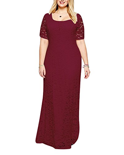 Damen Übergröße Langes Spitzenkleid Kleid Festlich Kleider Elegant Cocktailparty Ballkleid Brautkleider Burgunderrot 7XL von LaoZan