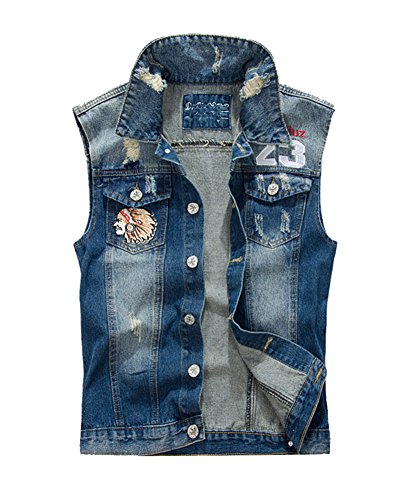 Herren Jeansweste Jeansjacke Ohne Ärmel Jeansweste Slim Fit Vest Ausfransen Denim Weste Blau M von LaoZan