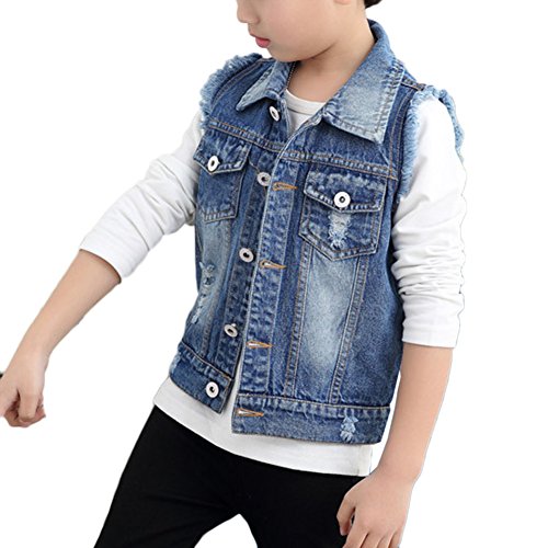 LaoZan Kinder Jungen Ärmellose Jeansjacke Jeansweste Denim Slim Fit Outwear Mantel Blau 150CM von LaoZan