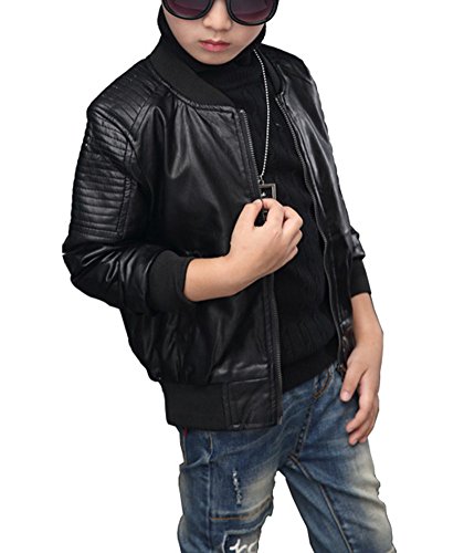 LaoZan Kinder Jungen PU Lederjacke Mantel Herbst Winterjacke Kunstlederjacke Bomberjacke Schwarz 100cm von LaoZan