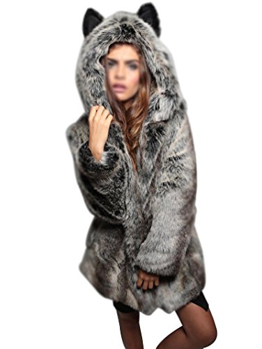 LaoZan Damen Lange Kapuzenjacke Faux Fur Kunstfell Jacke Mantel Winterjacke Faux Fell Wintermantel Parka XL Grau von LaoZan