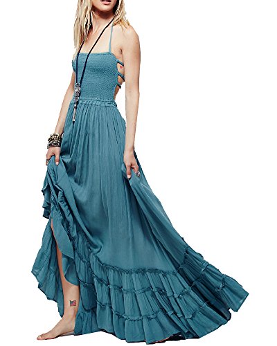 LaoZan Damen Sommer Ärmellos Spaghetti Boho Lange Maxikleid Rückenfreies Strandkleid Partykleider Vintage Kleid Blau S von LaoZan