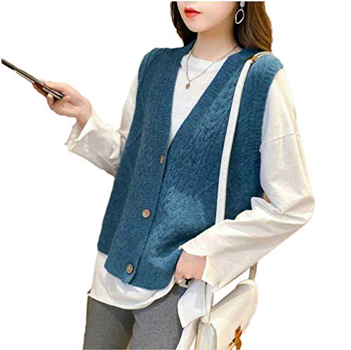 LaoZan Damen Stricken Sweater Weste Pullunder Wärme Strickweste V-Ausschnitt Sweater Tank (Blau) von LaoZan