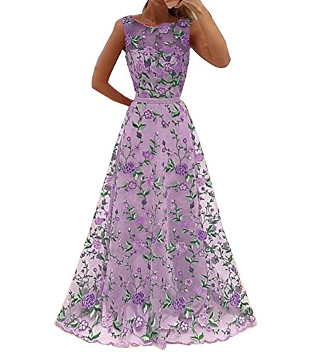 LaoZan Damen Tüll Ärmellos Party Lang Gestickten Blumen Abend Brautkleid Cocktail Ballkleid Rockabilly Kleid Violett 3XL von LaoZan