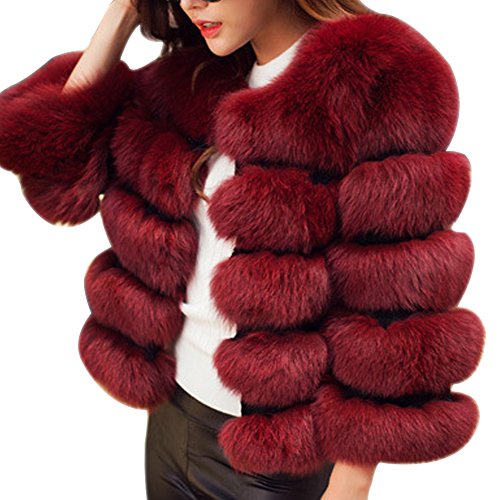 LaoZan Damen Winter Kurz Warm Kunstpelz Mantel Jacke Coat Outwear - Weinrot - Small von LaoZan