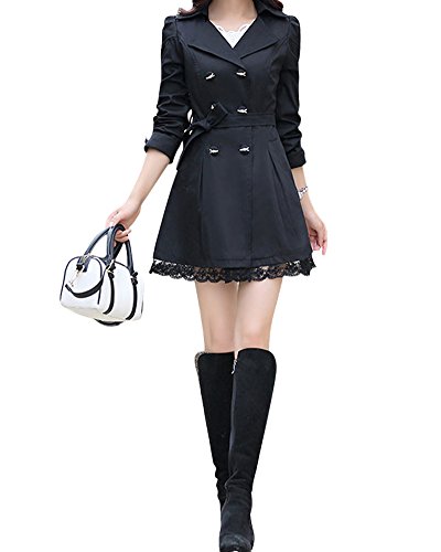 LaoZan Damen Zweireihiger Bowknot Lange Trench Mäntel Mit Gürtel Und Spitze-Rand Schwarz XXXL von LaoZan