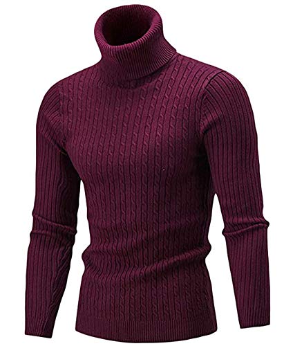 LaoZan Herren Rollkragen Pulli Winterpullover Einfarbig Warme Langarm Strickpullover Slim Tops (Rot, M) von LaoZan