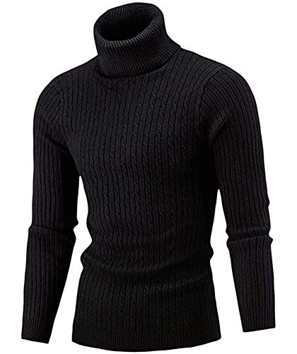 LaoZan Herren Rollkragen Pulli Winterpullover Einfarbig Warme Langarm Strickpullover Slim Tops (Schwarz, S) von LaoZan