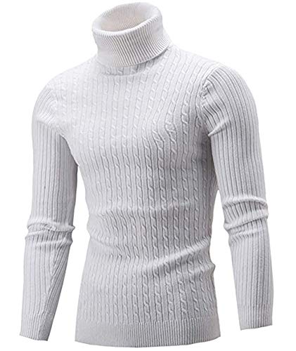 LaoZan Herren Rollkragen Pulli Winterpullover Einfarbig Warme Langarm Strickpullover Slim Tops (Weiß, S) von LaoZan