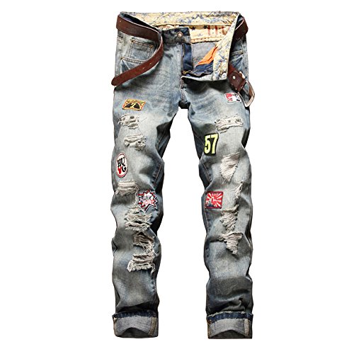 LaoZan Herren Slim Fit Denim Jeans-Hose Biker Jeans Zerrissen Jeanshosen Freizeithose Blau 30 von LaoZan