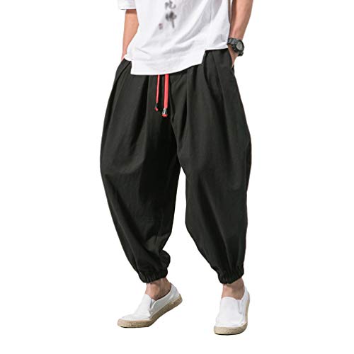 LaoZan Herrenhose Weite Beine Tiefer Hosenschritt Ninjahose Haremshose Kordelzug Taille übergroß Casual Hosen (Armee Grün, Asia 2XL) von LaoZan