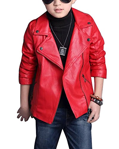 LaoZan Jungen Frühling Herbst Kunstleder Jacke Kinder Mantel PU Lederjacke Rot 160cm von LaoZan