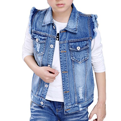 LaoZan Kinder Jungen Ärmellose Zerrissene Jeans Weste Fit Beiläufige Cowboy Denim Jacke Weste Slim Fit Jeansweste Blau 140CM von LaoZan