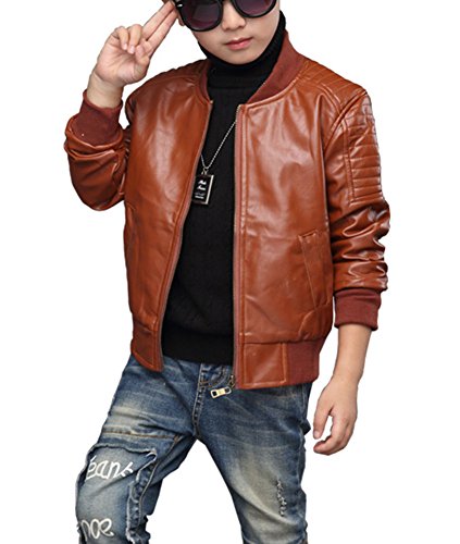 LaoZan Kinder Jungen PU Lederjacke Mantel Herbst Winterjacke Kunstlederjacke Bomberjacke Kaffeebraun 130cm von LaoZan