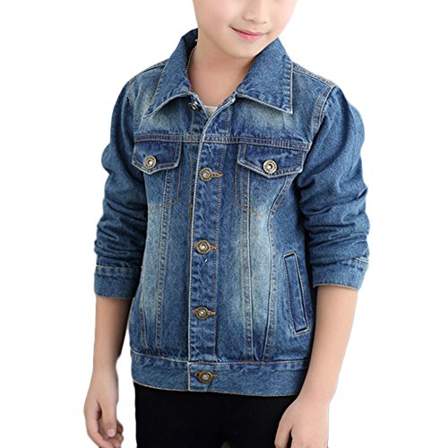 LaoZan Kinder Mädchen Jungen Jeansjacke Denim Mantel Outwear Freizeitjacken Jeans Jacket Übergangsjacke Jeansjacke Blau 150CM von LaoZan