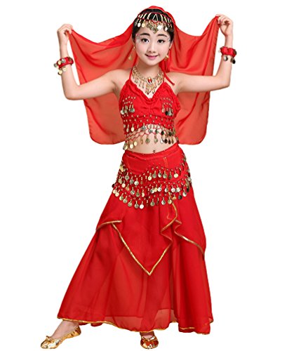 LaoZan Kindertanzkleidung Indische Tanzperformance Ärmellos Camisole Bauchtanz Kostüm Maxirock Set für Mädchen (Rot(3Pcs), Asia L) von LaoZan