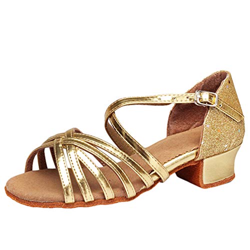 LaoZan Mädchen Kleinkind Tanzschuhe Latino Absatz Schuhe für Salsa Tanzen Damen Tango Ballsaal Sandalen Schuhe (Gold#2, Größe 32) von LaoZan
