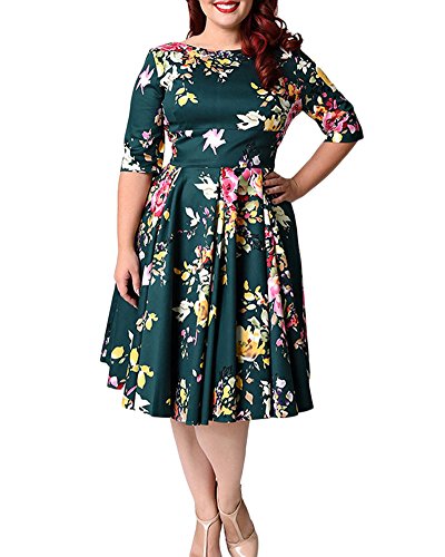 LaoZan Vintage Retro Übergröße Cocktailkleid Rockabilly Zurück V-Ausschnitt Faltenrock Blumen Gedruckt Kleid Grün 9XL von LaoZan