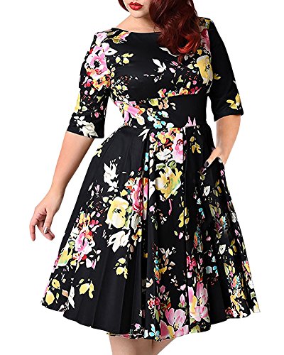 LaoZan Vintage Retro Übergröße Cocktailkleid Rockabilly Zurück V-Ausschnitt Faltenrock Blumen Gedruckt Kleid Schwarz 7XL von LaoZan