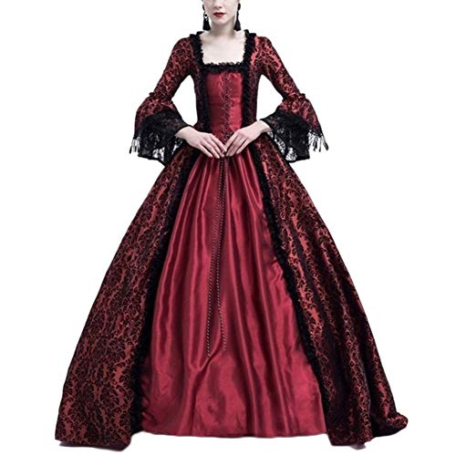 Damen Langarm Renaissance Mittelalter Kleid Viktorianischen Königin Kostüm Maxikleid Burgunderrot 2XL von LaoZanA