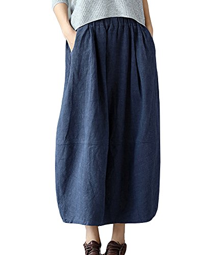 Damen Leinen Lange Maxi Rock Elastische Taille Rock Retro Langrock Unifarben Sommerrock von LaoZanA