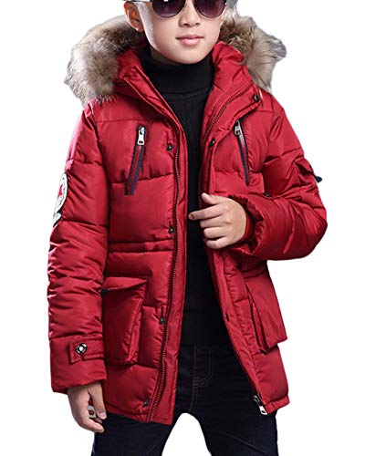 Jungen Jacke Mantel Warm Lang Parka Winterjacke Kunstfell Kapuzen Outwear Wintermantel Oberbekleidung Rot 140CM von LaoZanA
