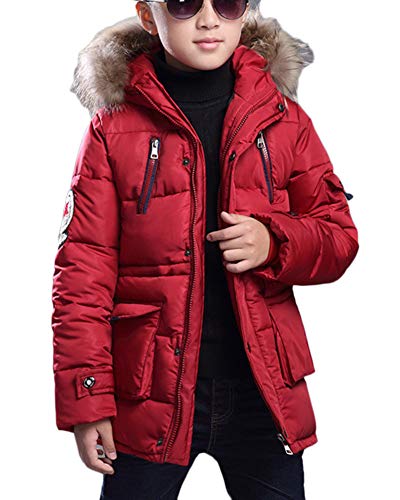 Jungen Jacke Mantel Warm Lang Parka Winterjacke Kunstfell Kapuzen Outwear Wintermantel Oberbekleidung Rot 160CM von LaoZanA
