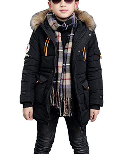 Jungen Jacke Mantel Warm Lang Parka Winterjacke Kunstfell Kapuzen Outwear Wintermantel Oberbekleidung Schwarz 150CM von LaoZanA