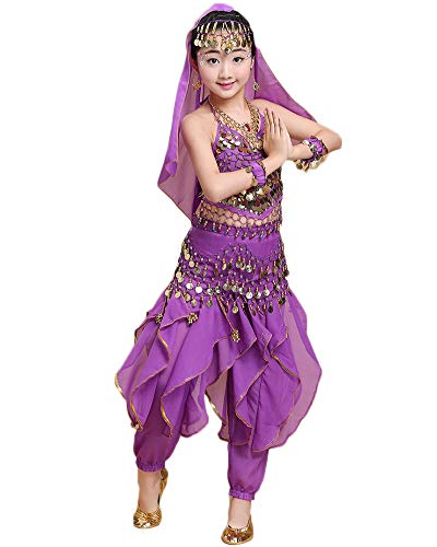 Kinder Mädchen/Damen Bauchtanz Outfit Tanzkleid Ägypten Indische Tanz Outfits Dunkelviolett 135-145CM von LaoZanA