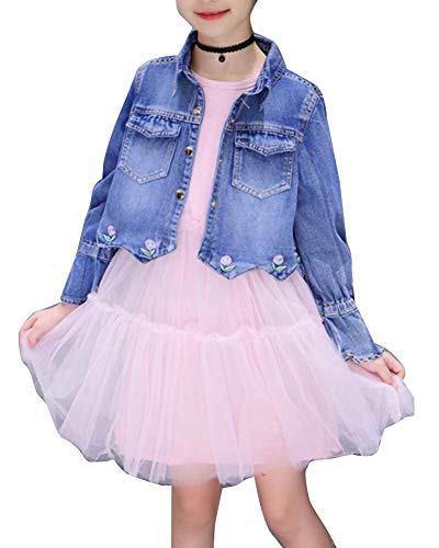 Kinder Mädchen Denim Jeansjacke Stickerei Jacket Übergangsjacke + Langarm Kleid Pink 140CM von LaoZanA