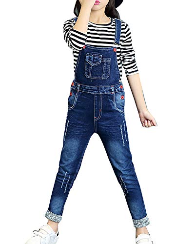 Kinder Mädchen Jeans Latzhose Denim Freizeithosen Jumpsuit Lang Overall Mit Hosenträger Blau 130CM von LaoZanA