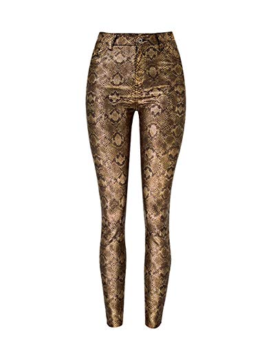 LaoZanA Damen Schlangen-Druck Pu Lederhose Kunstlederhose Hosen Hohe Taille Gold von LaoZanA