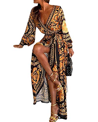 LaoZanA Damen V-Ausschnitt Gedruckt Party Kleid Cocktailkleid Abendkleid Kleider Schwarz Gelb XL von LaoZanA