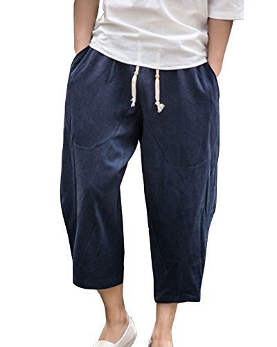 LaoZanA Herren Casual Strandhosen Leinen Hose Freizeithose Haremshose Pumphose Caprihosen Mit Kordel Elastische Taille Marine 4XL von LaoZanA