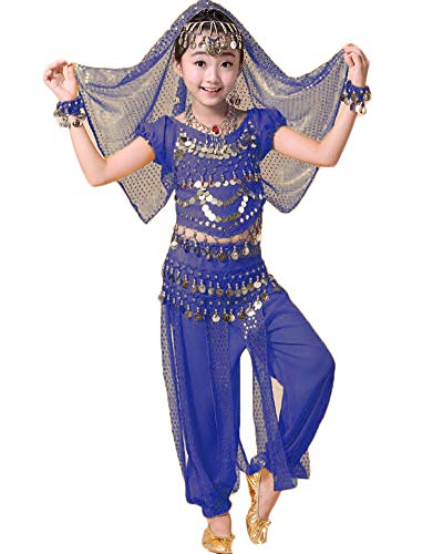 Mädchen/Damen Tanzkostüme Bauchtanz Kostüm Ägypten Indische Tanzkleid Saphirblau 141-150CM von LaoZanA