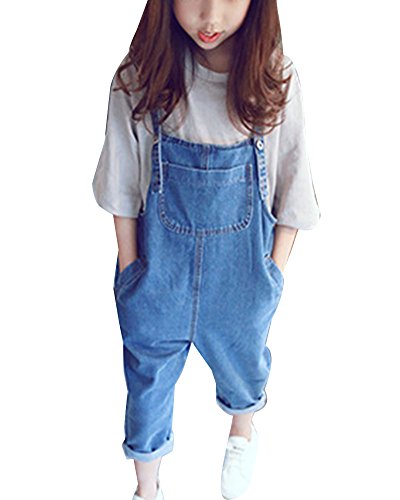 Mädchen Denim Overall Hosenträger Jeans Hose Kinder Latzhose Dunkelblau 140cm von LaoZanA